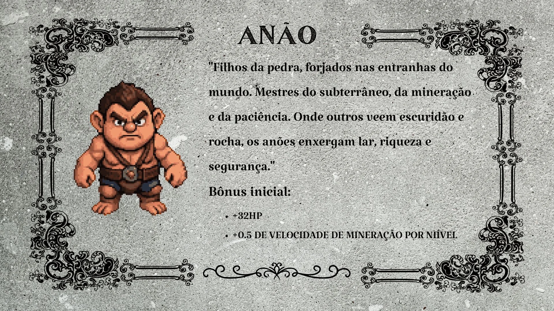Ficha da raça Anão, com os bônus iniciais de vida e mineração