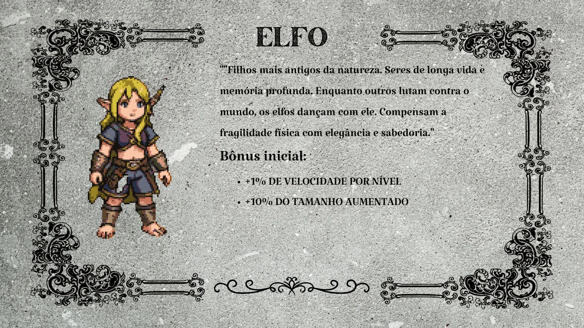 Ficha da raça Elfo, com os bônus iniciais de velocidade e tamanho