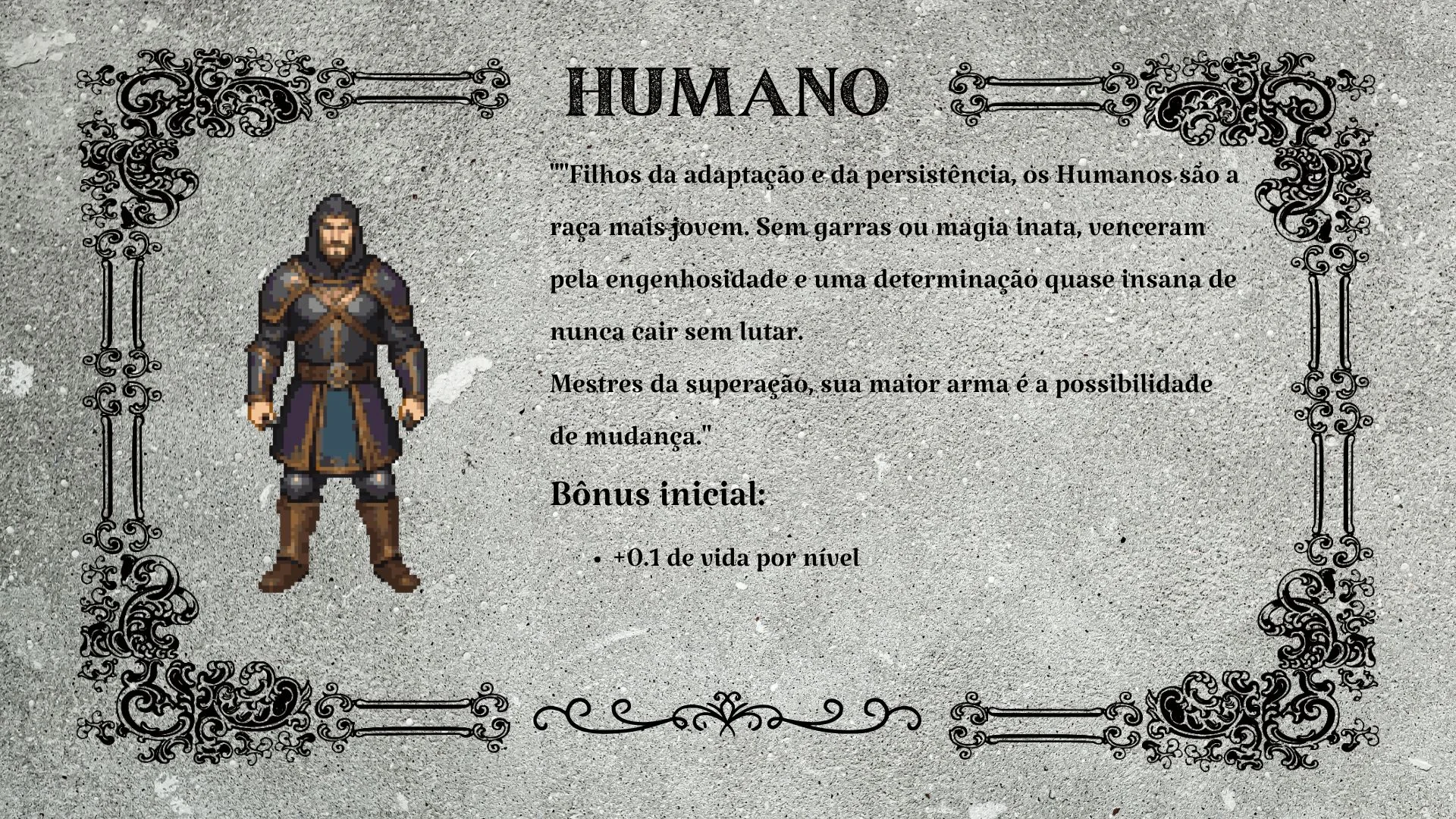 Ficha da raça Humano, com o bônus inicial de vida por nível